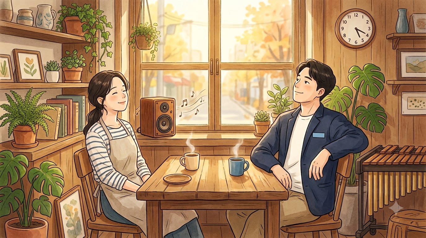 카페 창가에서 음악을 들으며 쉬는 카페 사장님과 통신 상담 전문가 일러스트