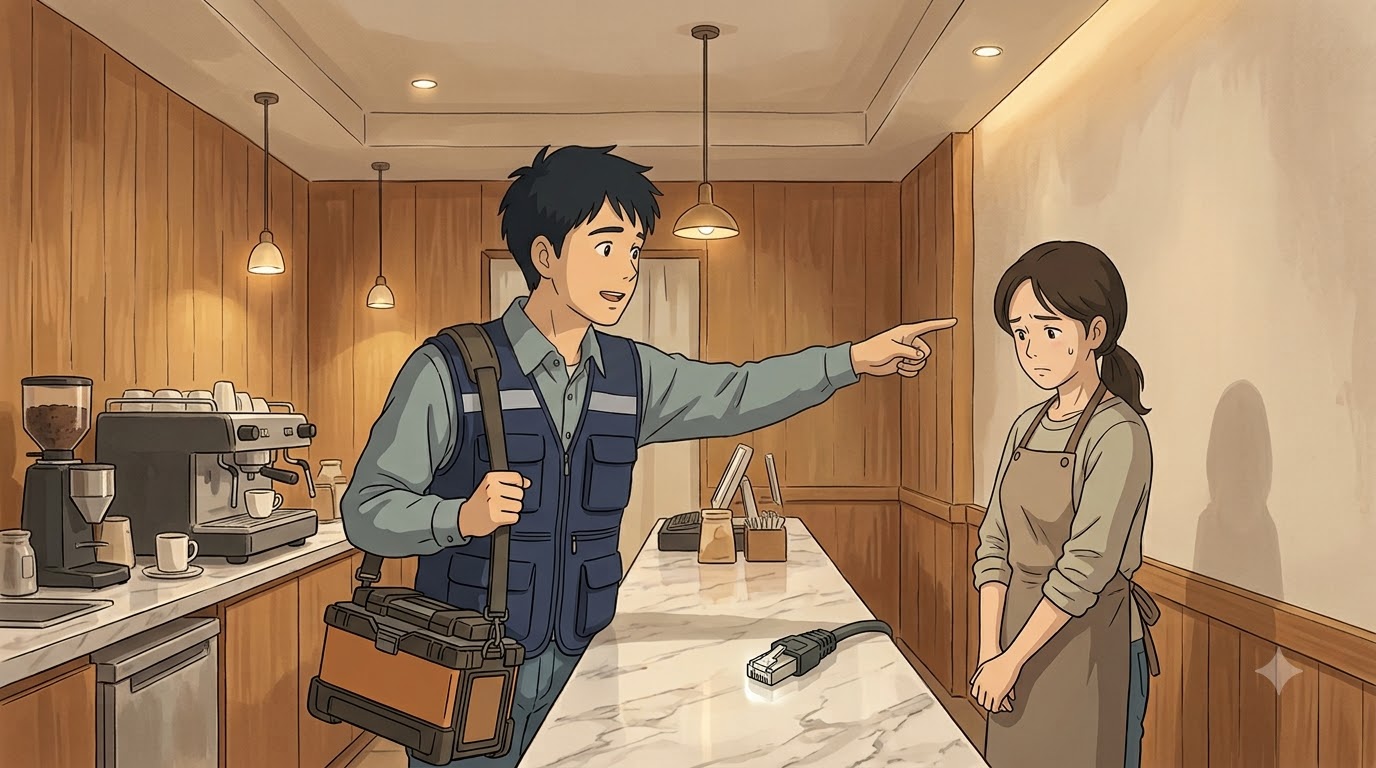 도배가 끝난 카페 카운터 뒤 벽에 인터넷 단자가 없어 설명하는 통신 설치 기사와 난감해하는 사장님