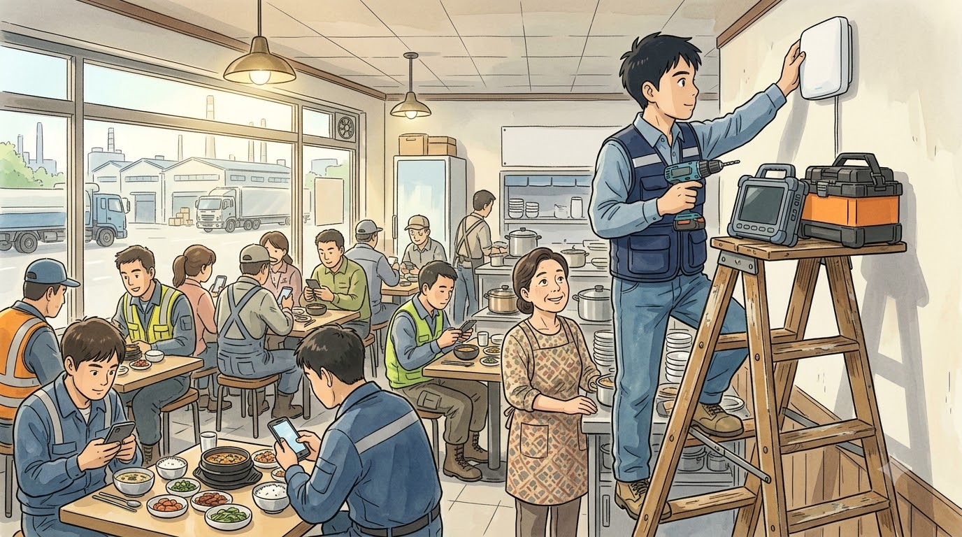 점심시간 손님으로 꽉 찬 평택 산업단지 옆 백반집에서 무선 AP를 설치하는 기사와 사장님